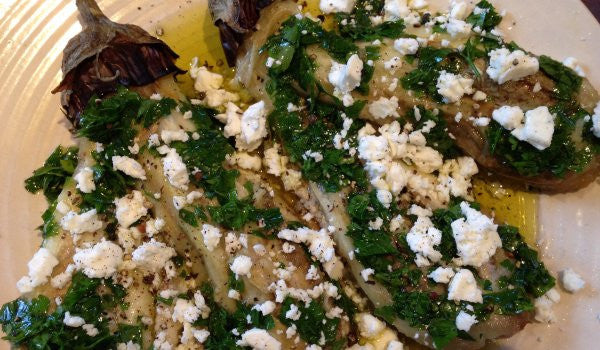 GRILLED AUBERGINES WITH GARLIC PARSLEY AND FETA
