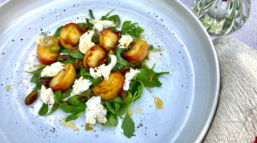 CHARRED CHILLI PEACHES WITH MOZARELLA ROCKET AND WHITE BALSAMIC