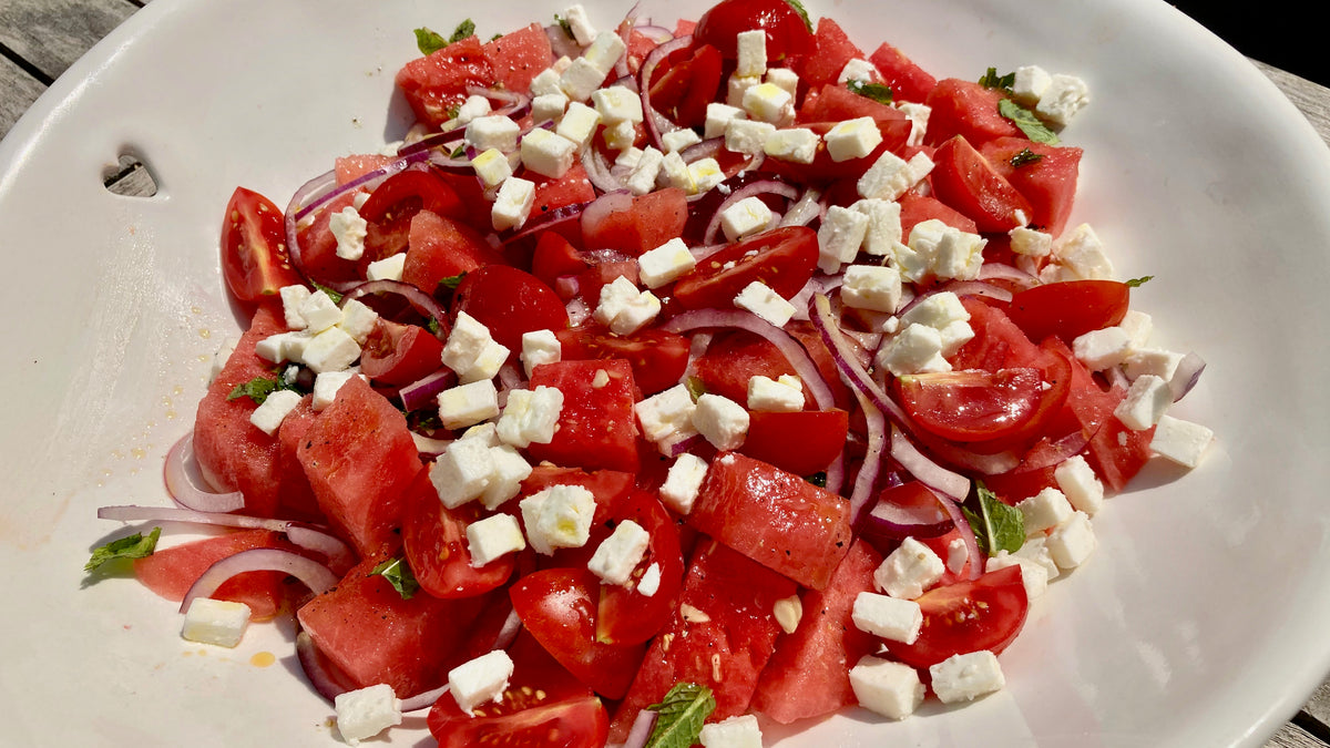 WATERMELON TOMATO RED ONION AND FETA SALAD - serves 6 as a side – Fino Olive Oil Ltd
