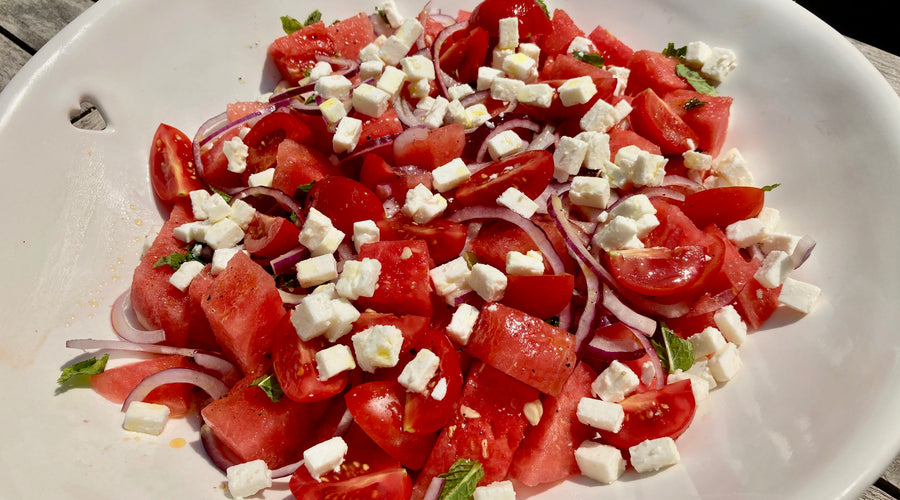 WATERMELON TOMATO RED ONION AND FETA SALAD - serves 6 as a side