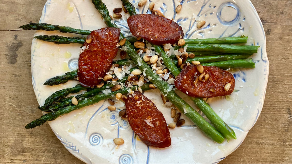 OVEN BAKED ASPARAGUS WITH CHORIZO PINE NUTS AND PARMESAN - – Fino Olive Oil Ltd