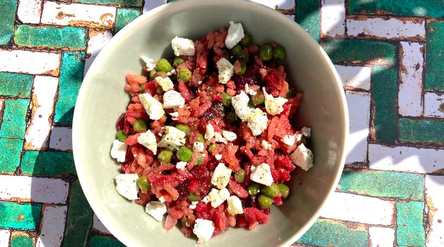 BEETROOT AND PEA RISOTTO WITH MINT AND FETA - SERVES 2-3