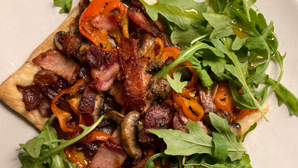 MUSHROOM BACON AND CARAMELISED ONION TART - SERVES 4 GENEROUSLY – Fino Olive Oil Ltd