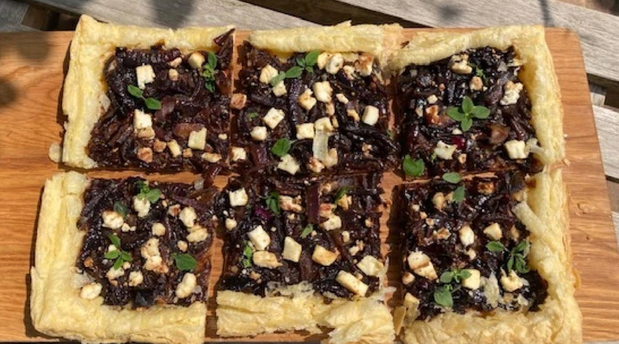 CARAMELISED RED ONION AND FETA TART - serves 6 with salad