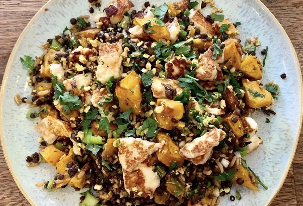 ROASTED SQUASH, HALLOUMI & PUY LENTIL SALAD - Serves 4 – Fino Olive Oil Ltd