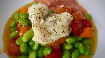 PAN FRIED HAKE WITH OVEN ROASTED CHERRY TOMATOES, EDAMAME BEANS AND FRESH TOMATO SALSA - SERVES 2