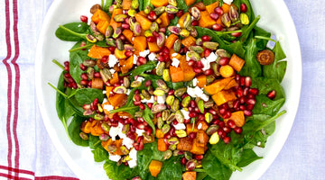 BUTTERNUT SQUASH AND SPINACH SALAD WITH FETA AND POMEGRANATE - SERVES 4