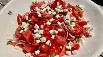 WATERMELON TOMATO RED ONION AND FETA SALAD - serves 6 as a side