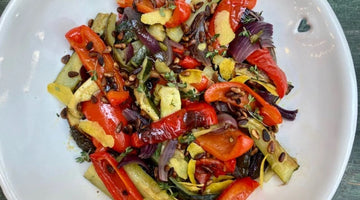 OVEN ROASTED RED PEPPER AND COURGETTE SALAD WITH WHITE BALSAMIC DRESSING