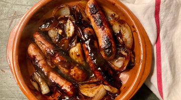 SAUSAGES WITH BALSAMIC ONION GRAVY - SERVES 4