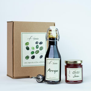 SPANISH GRAPE SYRUP (ARROPE) AND CHILLI JAM GIFT BOX WITH CHROME POURER