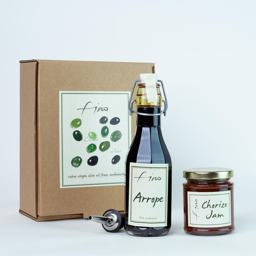 SWEET GRAPE SYRUP (ARROPE) AND CHORIZO JAM GIFT BOX WITH CHROME POURER