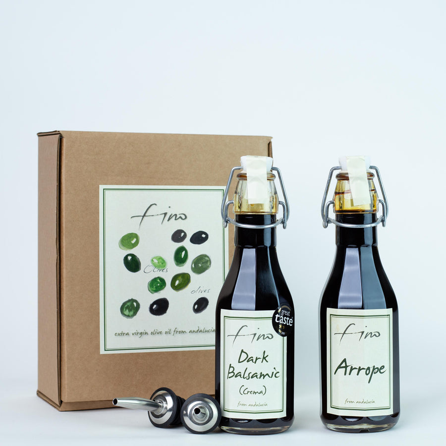 SPANISH BALSAMIC GIFT BOX - 25 YEAR AGED DARK BALSAMIC (CREMA) AND  ARROPE (SWEET GRAPE SYRUP) WITH TWO CHROME POURERS