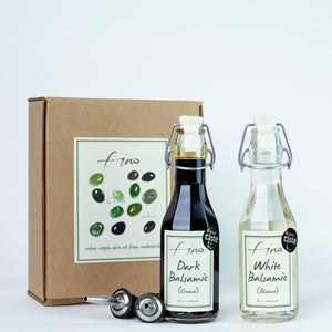 SPANISH BALSAMIC GIFT BOX - AGED DARK BALSAMIC (CREMA) AND WHITE BALSAMIC (BLANCO)  WITH TWO CHROME POURERS