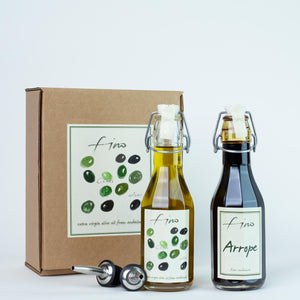 SPANISH OLIVE OIL GIFT BOX - 250ML EXTRA VIRGIN OLIVE OIL AND 250ML ARROPE (SWEET GRAPE SYRUP) WITH TWO CHROME POURERS