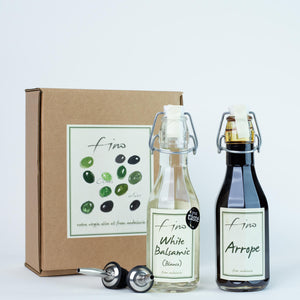 SPANISH BALSAMIC GIFT BOX - 250ML WHITE BALSAMIC (BLANCO) AND 250 ML ARROPE (SWEET GRAPE SYRUP) WITH TWO CHROME POURERS